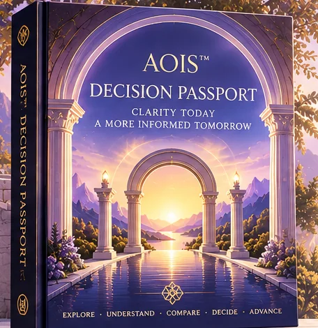 AOIS Decision Passport cover with lavender archway and sunrise