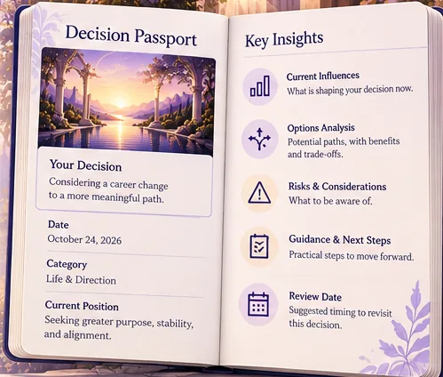Illustrative open Decision Passport showing the decision, current position, options, risks, next steps and review date
